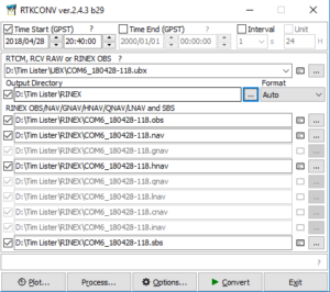 Main screen of RTKCONV showing a set input files of UBX data and the output RINES files going into a separate directory.